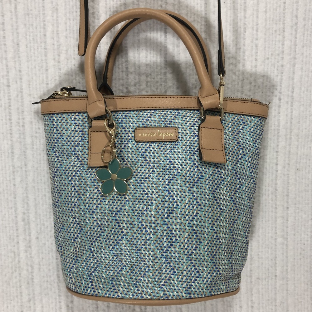 Nanette Lepore Woven Bucket Bag Turquoise Tan Leather Trim Floral Charm‎